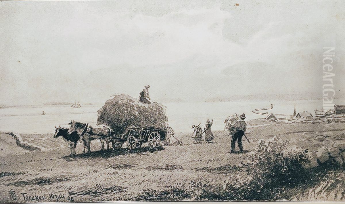 Harvesting Hay in Torekov Oil Painting by Hans Gude