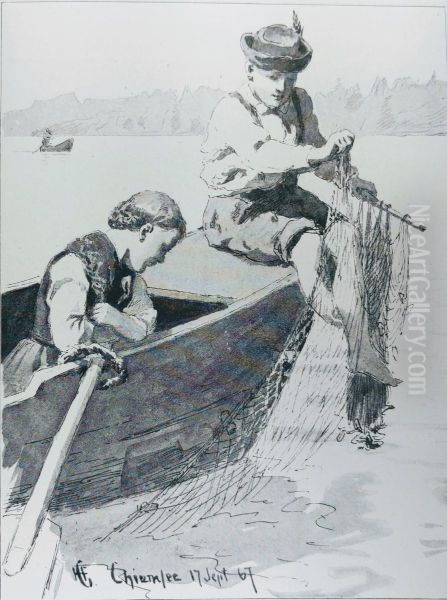 Fishermen at Chiemsee Oil Painting by Hans Gude