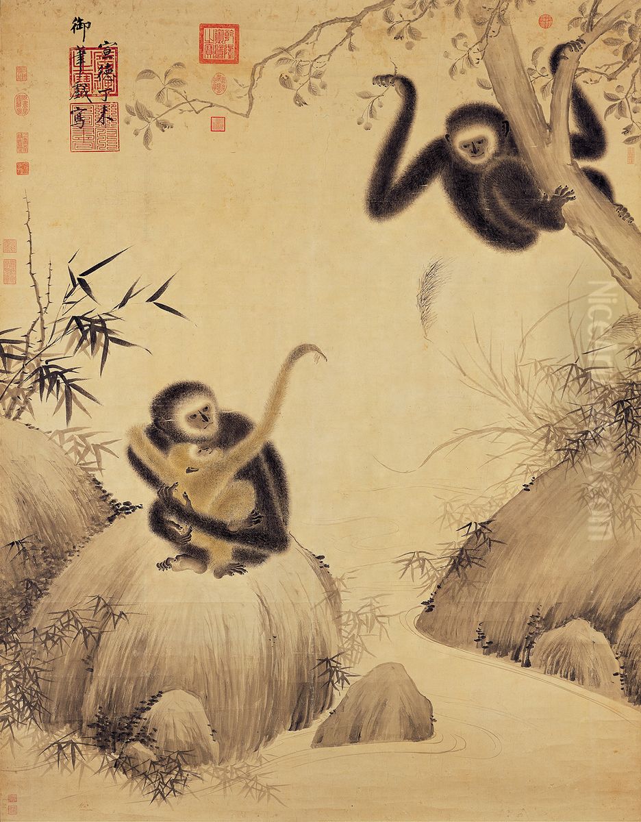 xi yuan tuGibbons at Play Oil Painting by Xuande Emperor