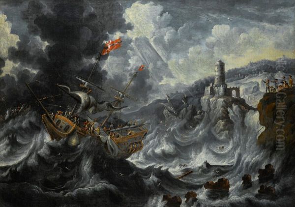 Coastal landscape with shipping in a tempestuous sea Oil Painting by Peter van de Velde