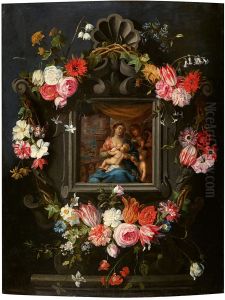 The Virgin and Child in a Cartouche with Flowers