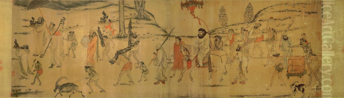 Foreign Envoy with Tribute Bearers Oil Painting by Yan Liben