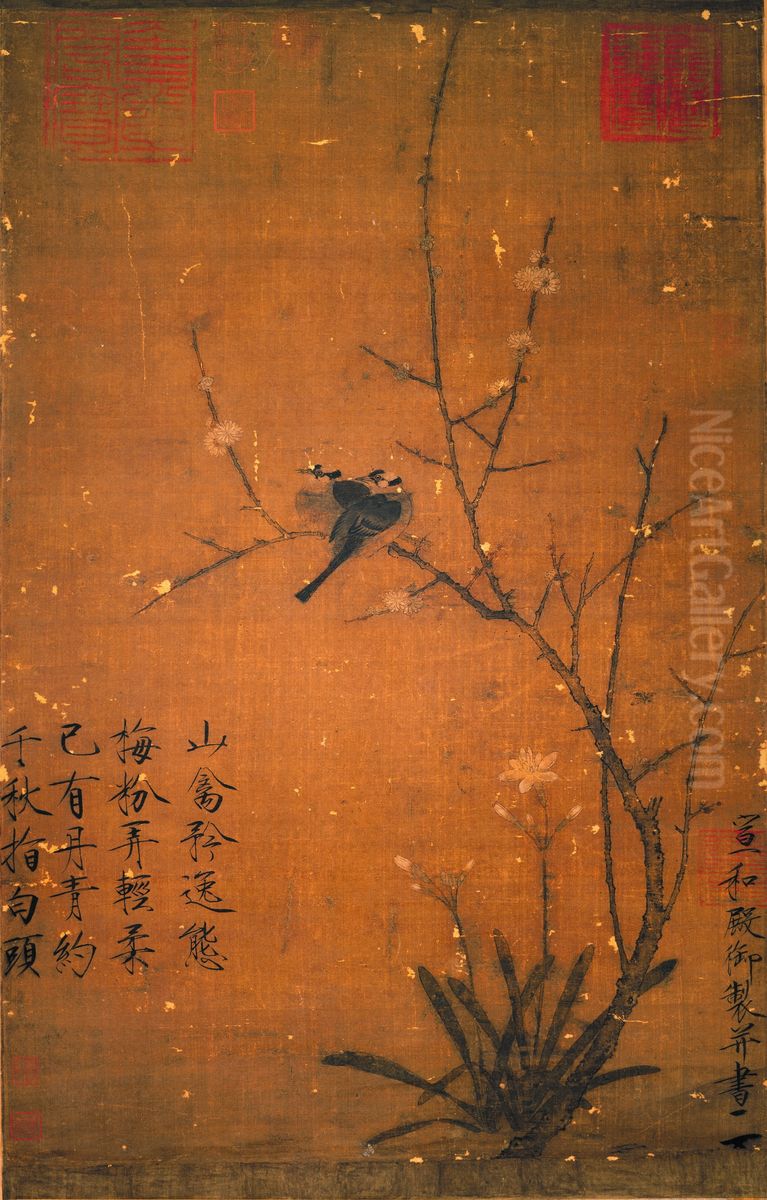 Winter Plum Blossom and Mountain Birds Oil Painting by Emperor Huizong of Song