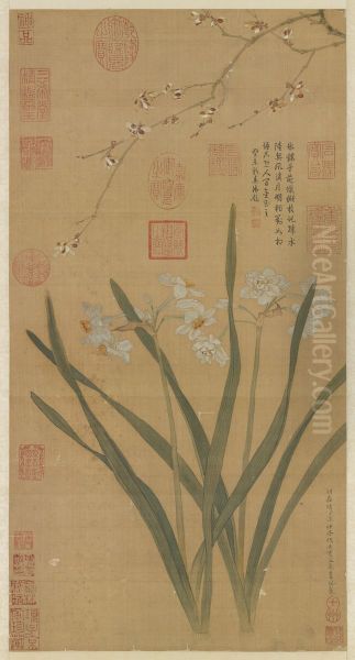 Narcissi and Plum Blossoms Oil Painting by Qiu Ying