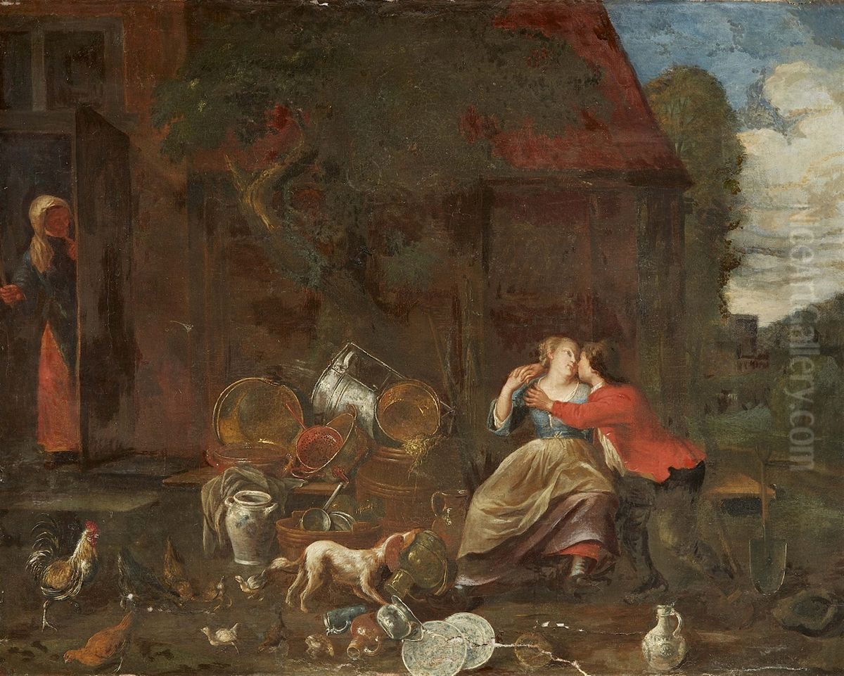 Young couple and an old woman by a cottage Oil Painting by Bernaert De Bridt