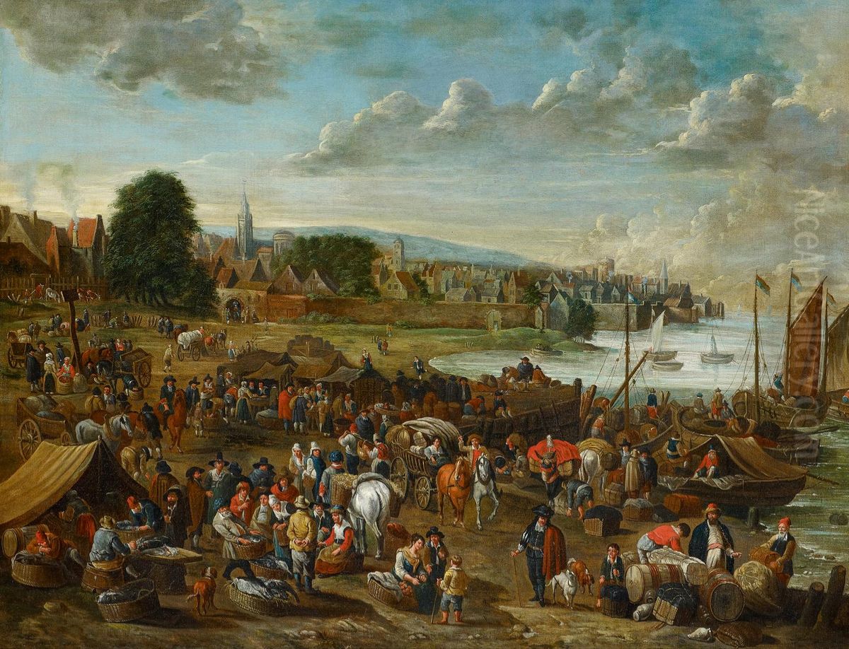 Market outside a town on a river Oil Painting by Alexander van Bredael