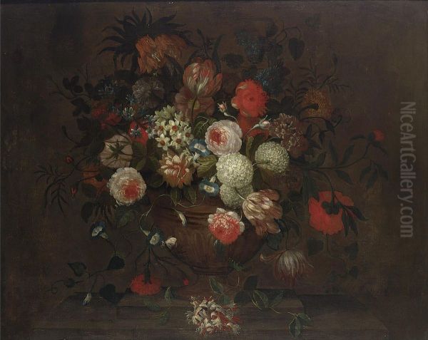 Still life with roses, daffodils and other flowers in a earthenware vase on a stone ledge together with a butterfly Oil Painting by Simon Hardime
