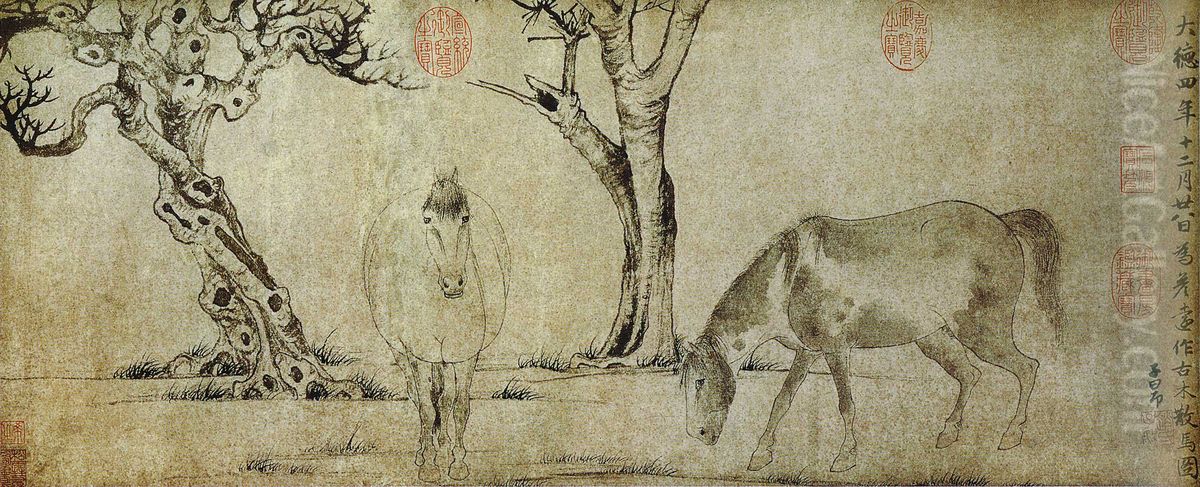 Horses and Trees Oil Painting by Zhao Mengfu