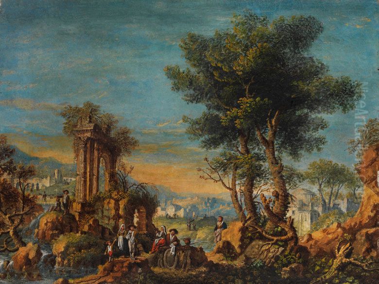 Landscape capriccio with staffage Oil Painting by Maria Luigia Raggi