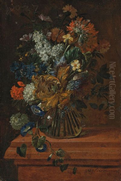 Flowers in a glass vase on a marble ledge Oil Painting by Gaspar Peeter Verbruggen the Younger