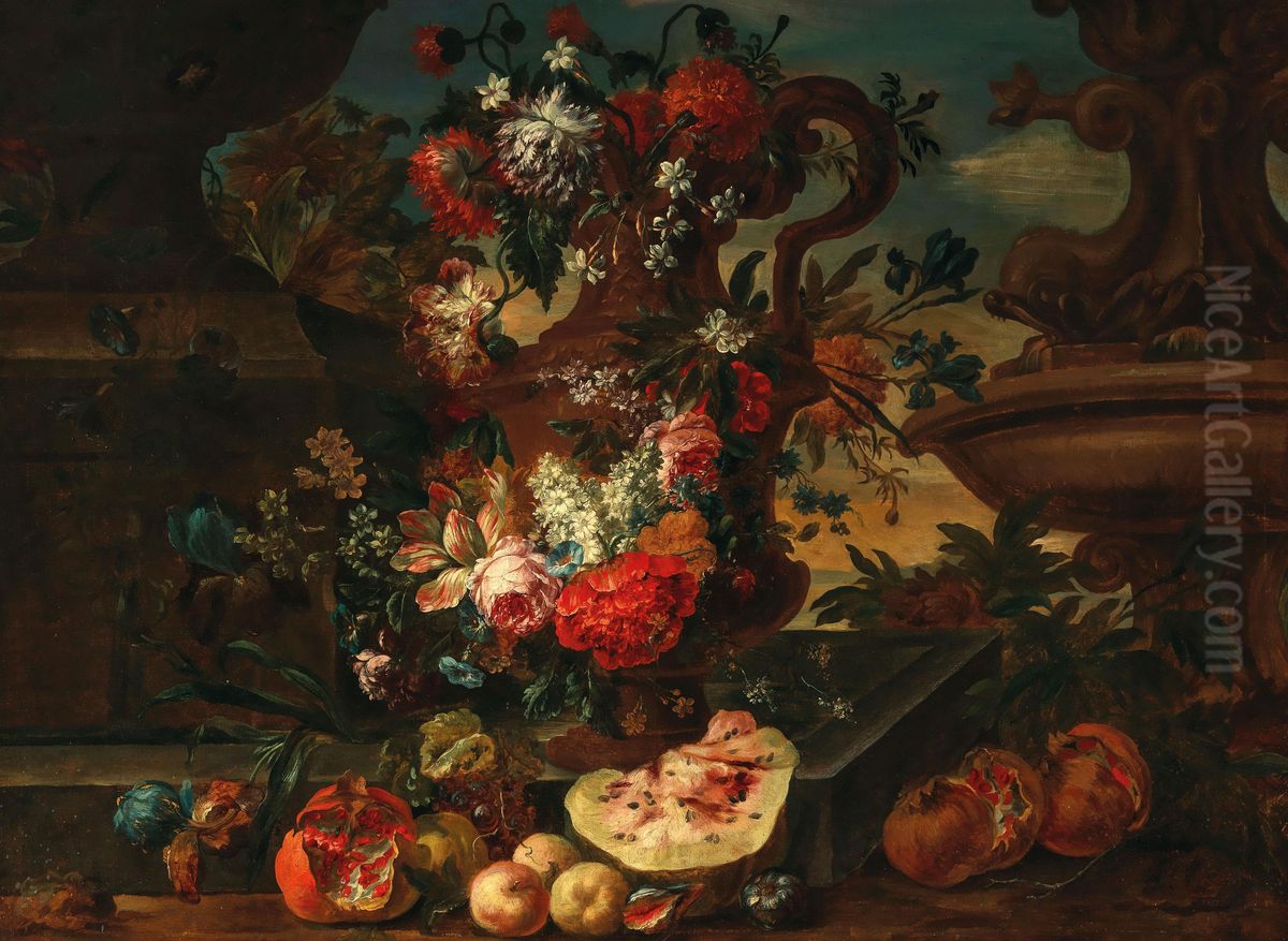 Flowers in a sculpted vase with pomegranates and a watermelon by a stone ledge Oil Painting by Jacob Melchior van Herck