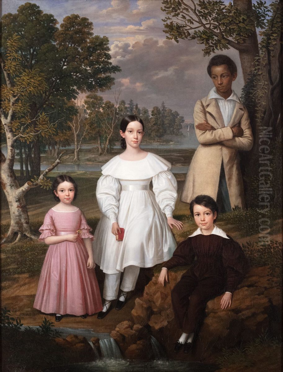 Portrait of three children in a Louisiana landscape Oil Painting by Jacques Amans