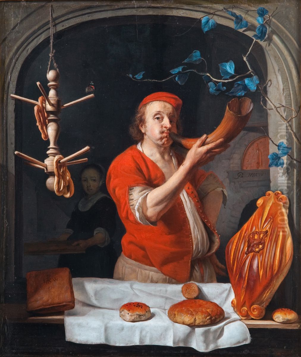 A Baker Blowing his Horn Oil Painting by Gabriel Metsu