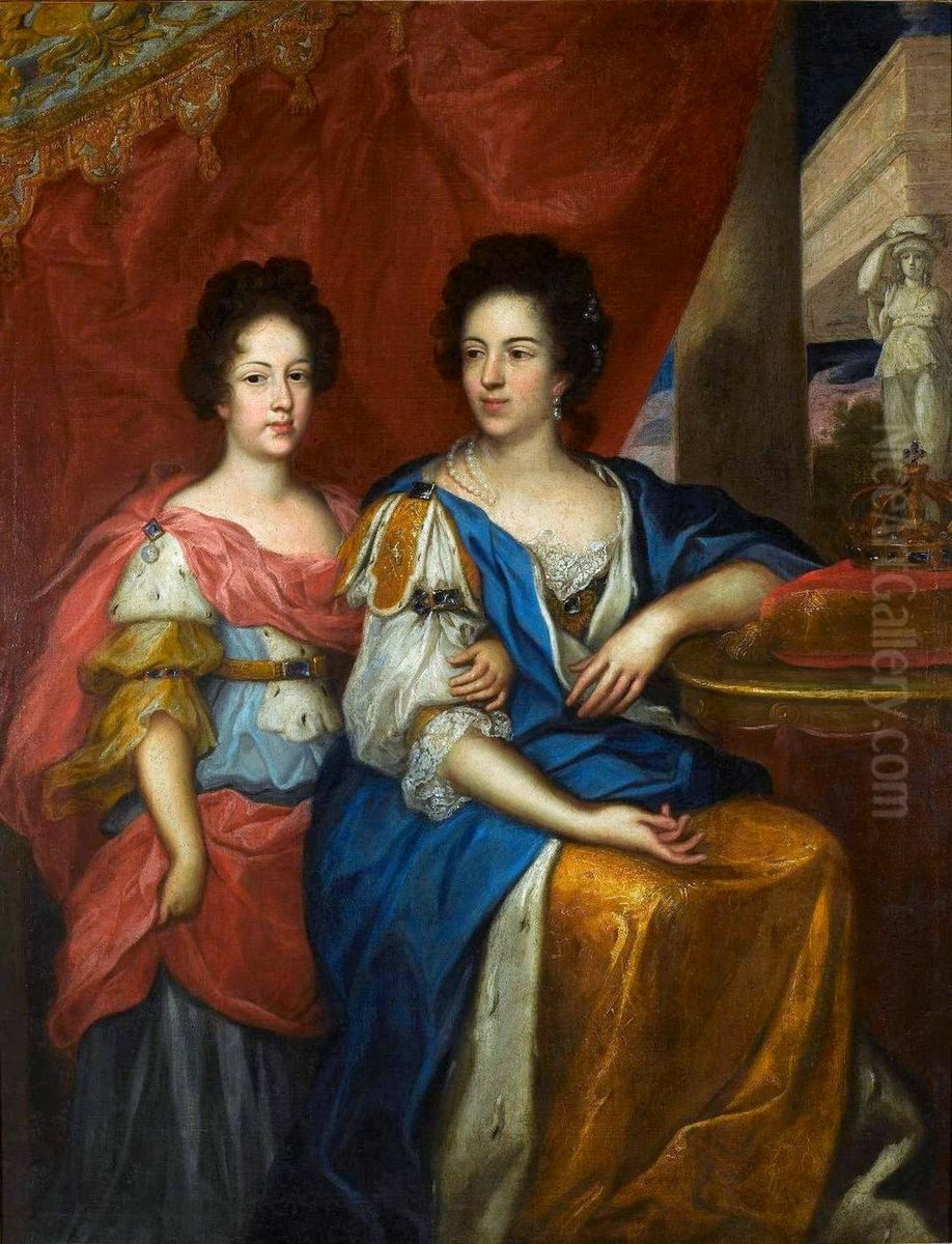 Portrait of Marie Casimire with her daughter Teresa Kunegunda. Oil Painting by Jerzy Siemiginowski-Eleuter