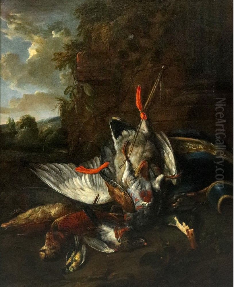 Hunting still life of hung duck and other game Oil Painting by Bernaert De Bridt