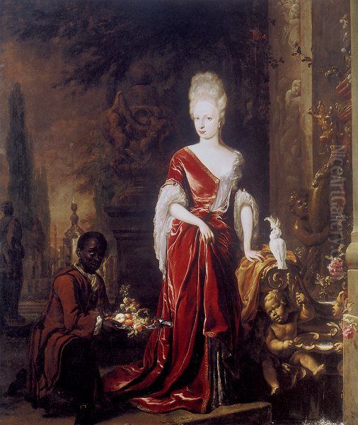 Portrait of Elisabeth Charlotte of the Palatine, duchess of Orleans (1652-1722), with a servant Oil Painting by Jan Weenix