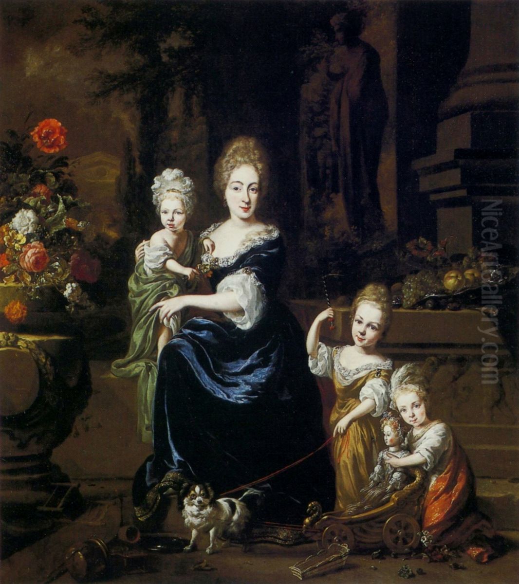 Portrait of a mother with children on the terrace. Oil Painting by Jan Weenix