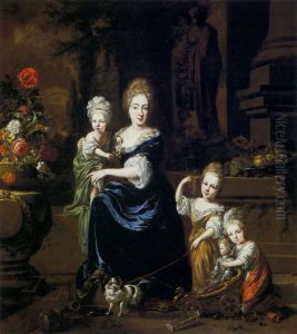 Portrait of a mother with children on the terrace.