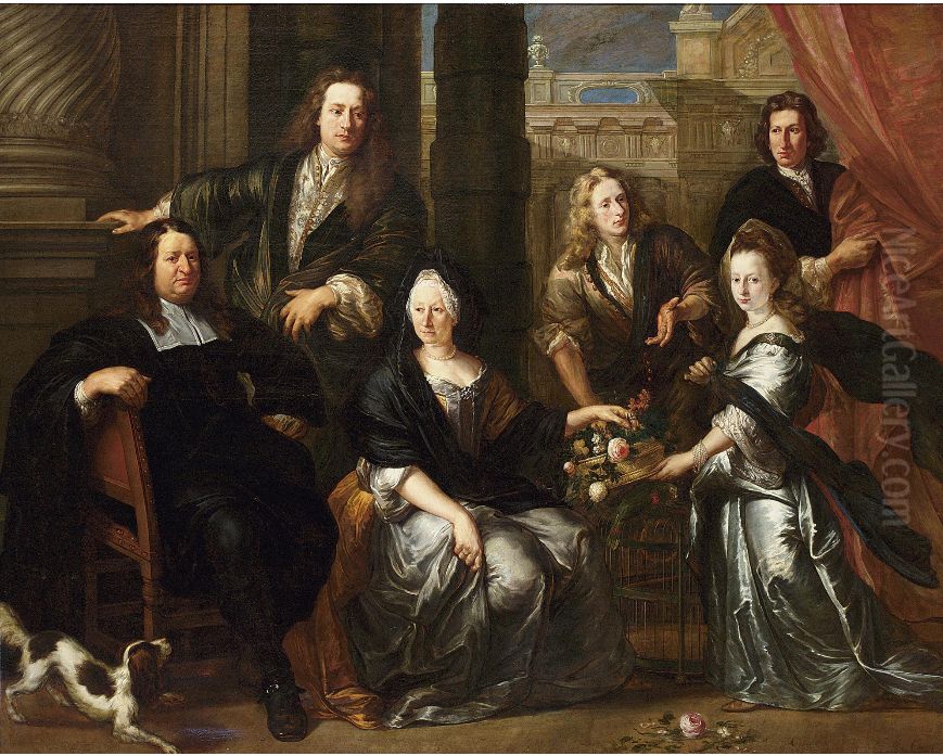 Family portrait of Simon and Anne van Haecht and their sons and daughter Oil Painting by Jan Anthonie Coxie