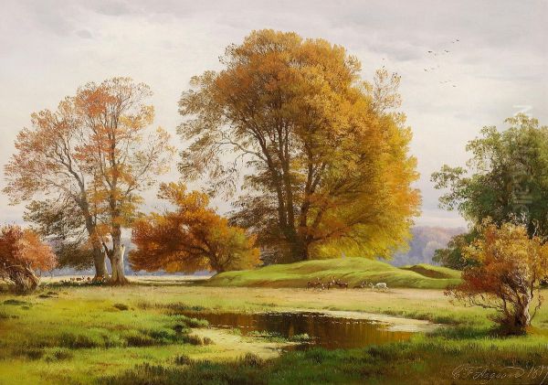 View from Jaegersborg Dyrehave with deer. Oil Painting by Carl Frederik Aagaard
