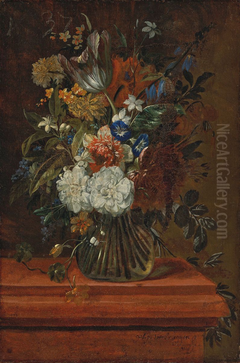 Flowers in a glass vase on a marble ledge Oil Painting by Gaspar Peeter Verbruggen the Younger