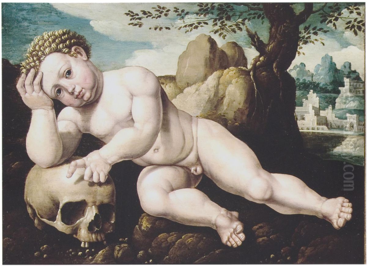 Een naakt jongetje met een schedel: Nascentes morimur, ca. 1540 Oil Painting by Cornelis van der Goude