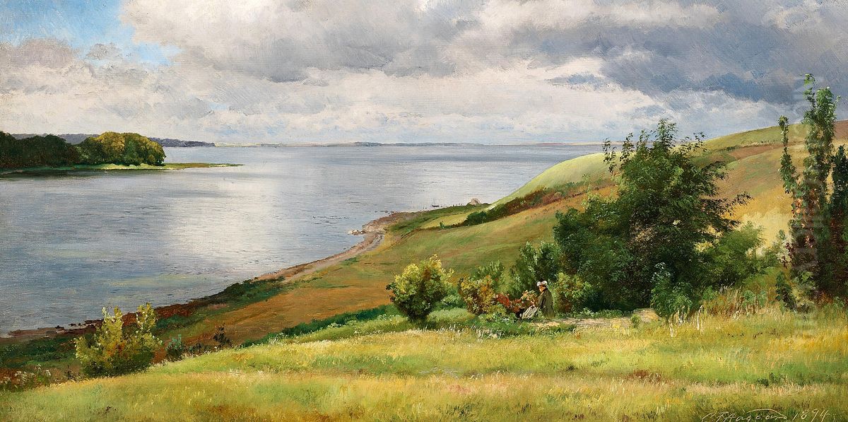 En mand sidder og beundrer udsigten over vandet. Oil Painting by Carl Frederik Aagaard