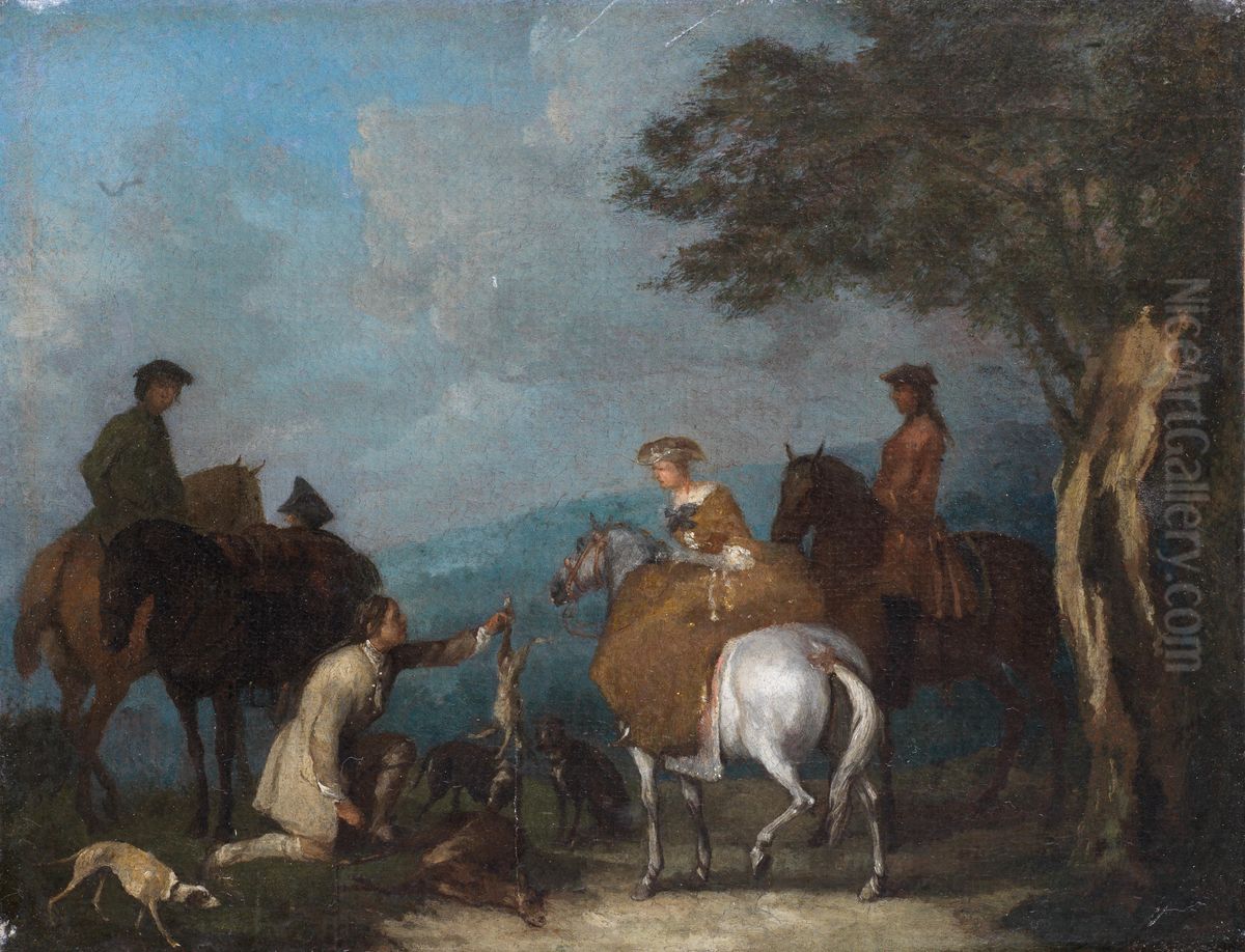 A huntsman offering game to a lady on horseback Oil Painting by Jan Peeter Verdussen