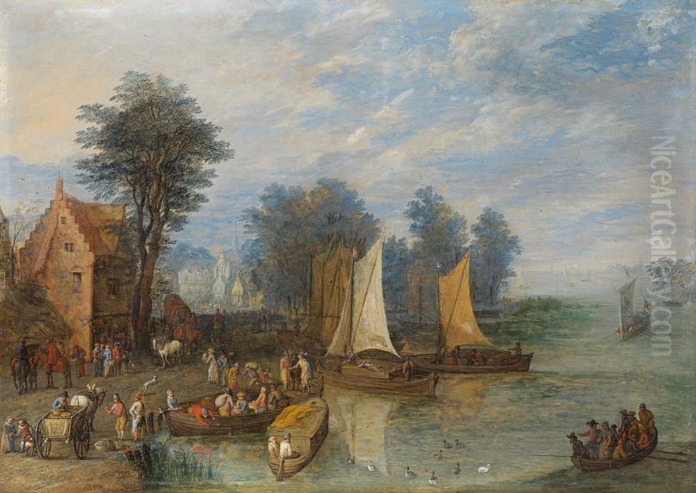 Sailing boats at the pier Oil Painting by Joseph van Bredael
