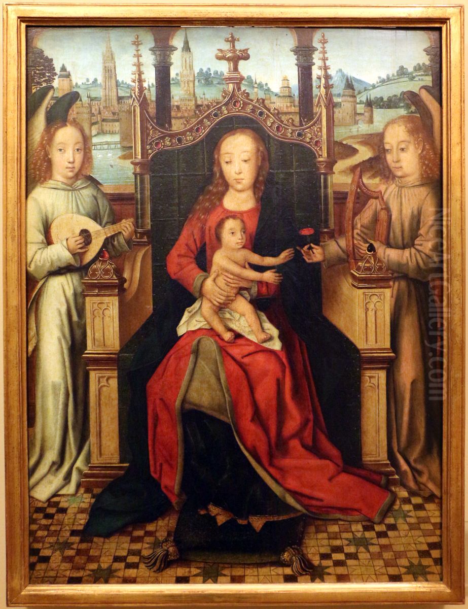 Virgin and Child, with two angels, with a Bruges's landscape background Oil Painting by Master Of The Legend Of Saint Lucy