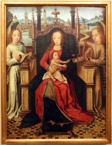 Virgin and Child, with two angels, with a Bruges's landscape background