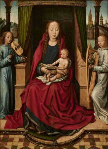 Virgin and Child Enthroned with Two Angels Oil Painting by Master Of The Legend Of Saint Lucy