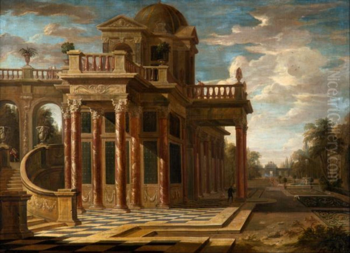 Architectural capriccio with figures (2) Oil Painting by Willem Augustin van Minderhout