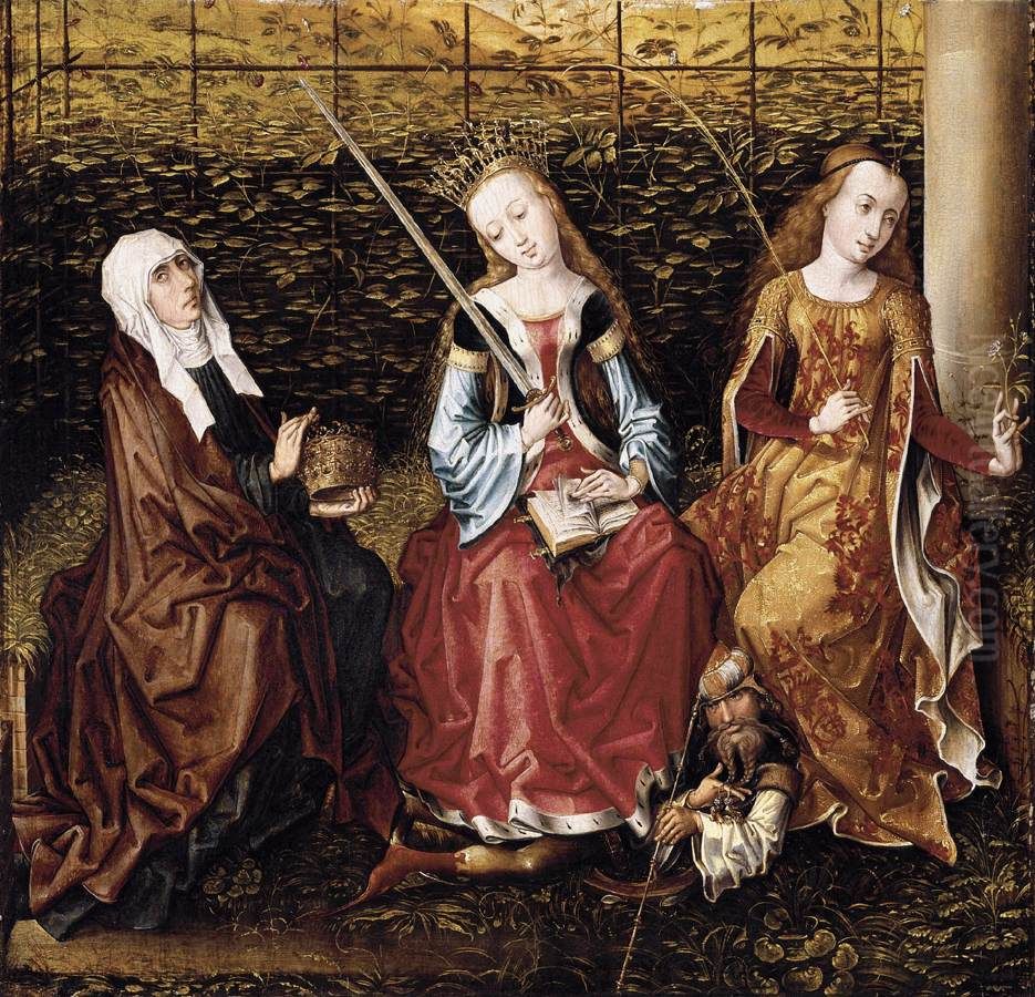 St Catherine of Alexandria (with sword) with Sts Elizabeth of Hungary (with crown) and Dorothy (with flowers) Oil Painting by Master of the View of Saint Gudula