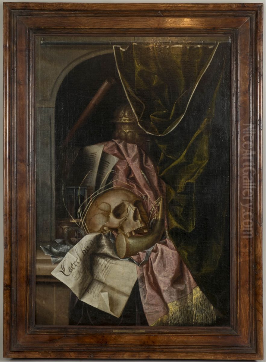 Tromple l'oeil vanitas still life with a skull, a hunting horn and other objects in a niche Oil Painting by Franciscus Gijsbrechts