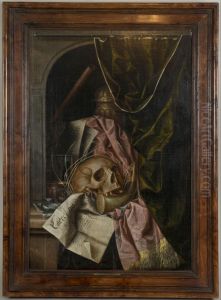 Tromple l'oeil vanitas still life with a skull, a hunting horn and other objects in a niche