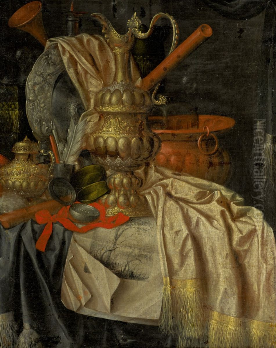 Still life of precious vessels and writing materials on a silk tablecloth Oil Painting by Franciscus Gijsbrechts