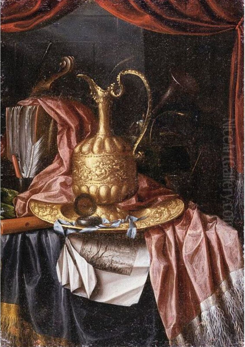 Still life of a gilt ewer, a gilt plate, musical instruments, prints and writing materials all resting on a draped table Oil Painting by Franciscus Gijsbrechts