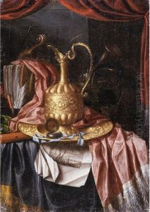 Still life of a gilt ewer, a gilt plate, musical instruments, prints and writing materials all resting on a draped table