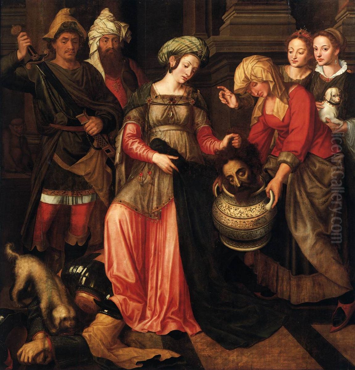 Tomyris orders the head of the fallen Cyrus to be cut off and dipped into a vessel of human blood, Oil Painting by Michiel Coxie