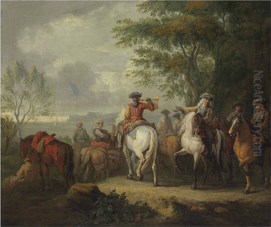 A military blacksmith shoeing horses by a ruin Oil Painting by Pieter van Bloemen