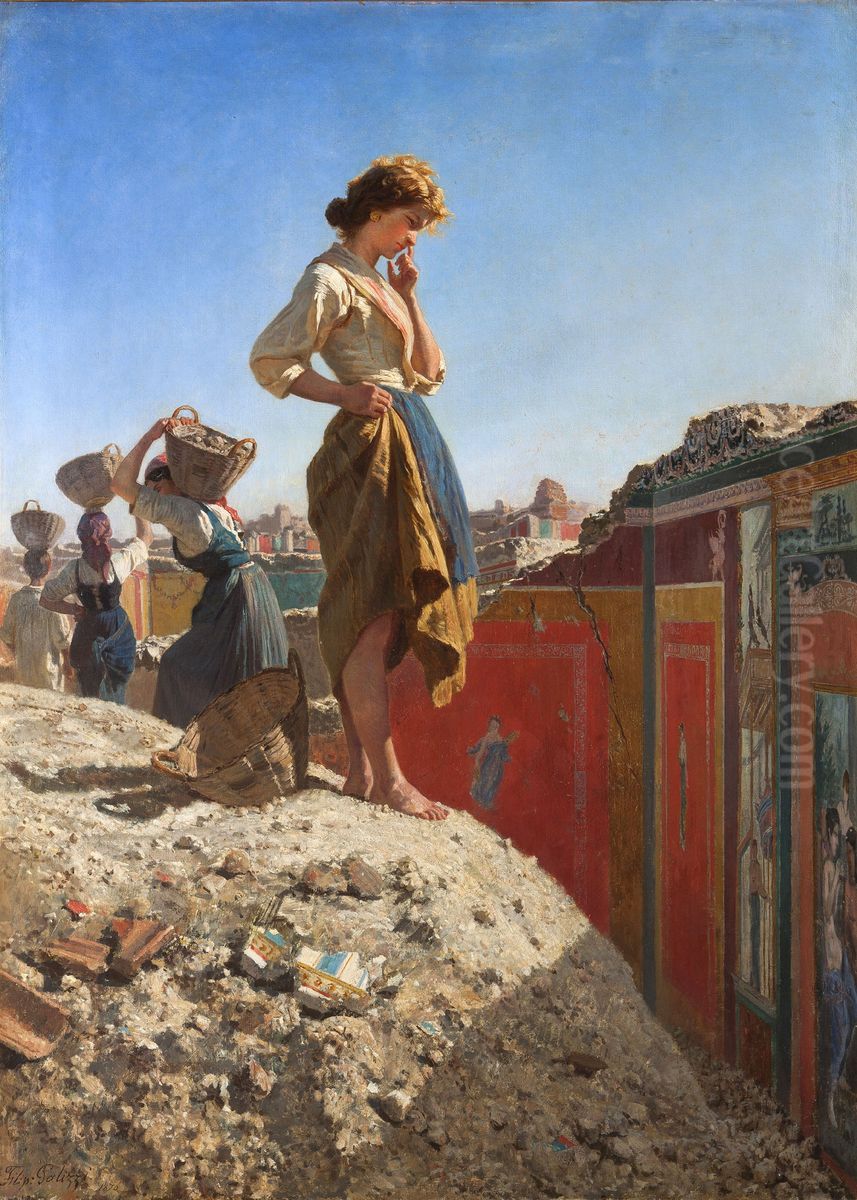 The excavations at Pompeii Oil Painting by Filippo Palizzi