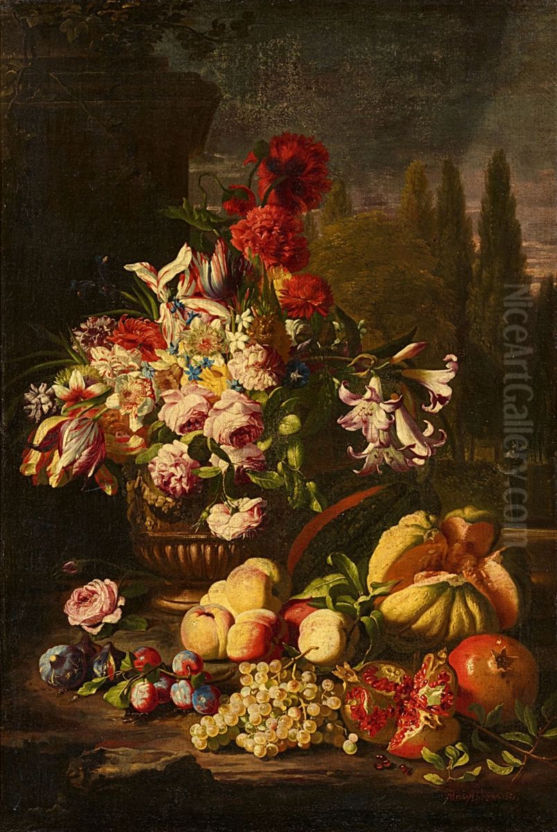 Flower and Fruit Still Life in a Park Landscape Oil Painting by Abraham Brueghel