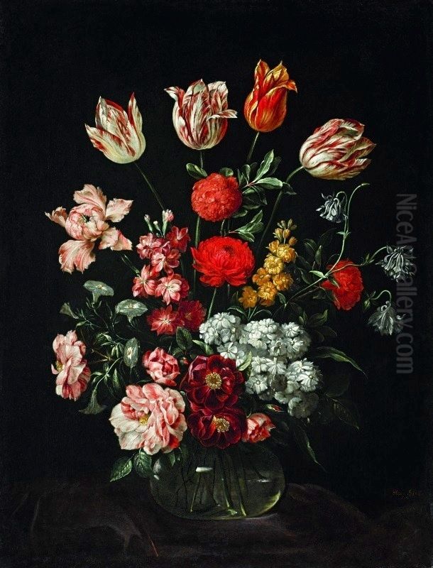 Floral still life in a glass vase. Oil Painting by Andreas Stech