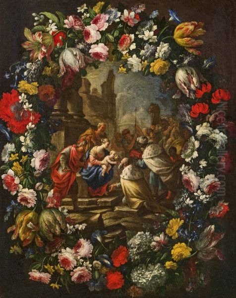 Flower cartouche with the Adoration of the Magi Oil Painting by Nicola Vaccaro