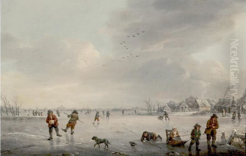Winter landscape with people having fun on the ice Oil Painting by Martinus Jacobus Waefelaerts