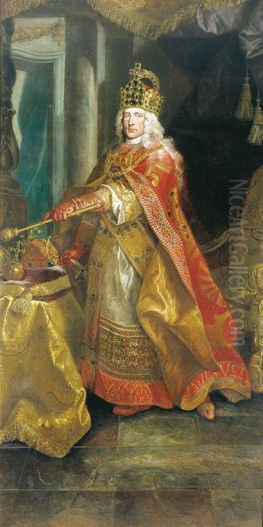 KaiserJoseph I. (HRR)als romisch-deutscher Kaiser im Kronungsornat, gekront mit der Reichskrone, die ungarische Stephanskrone ist am Tisch zu sehen Oil Painting by Johann Rudolf Huber