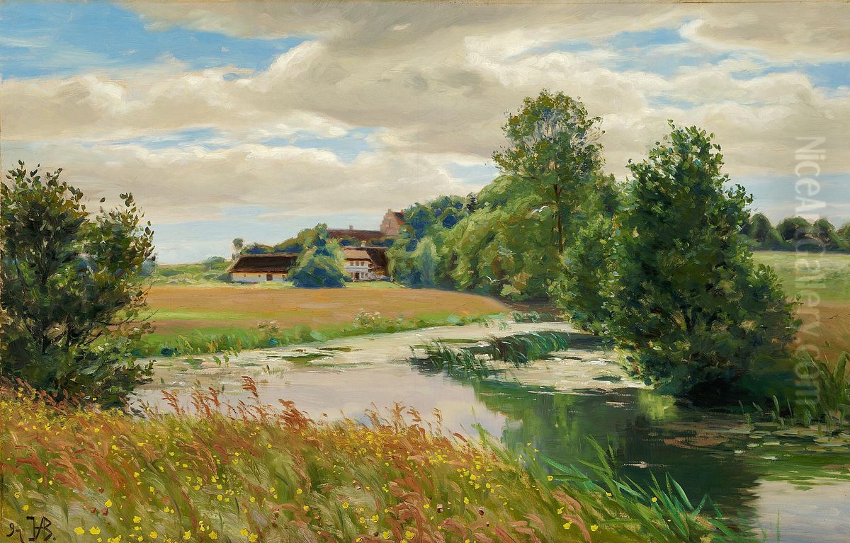 Summer landscape at a river near a church. Oil Painting by H. A. Brendekilde