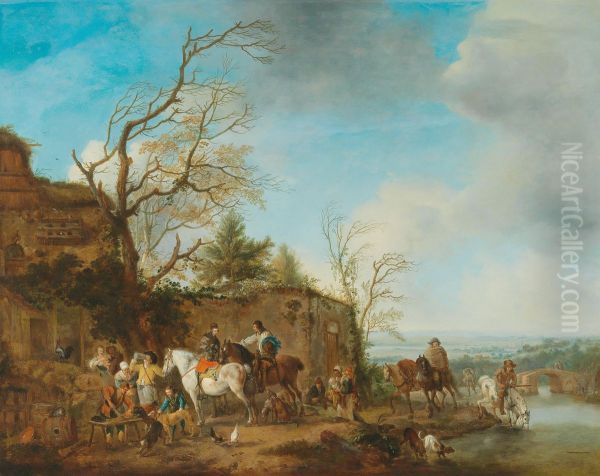 A riding party taking refreshments in a river landscape Oil Painting by Carel van Falens