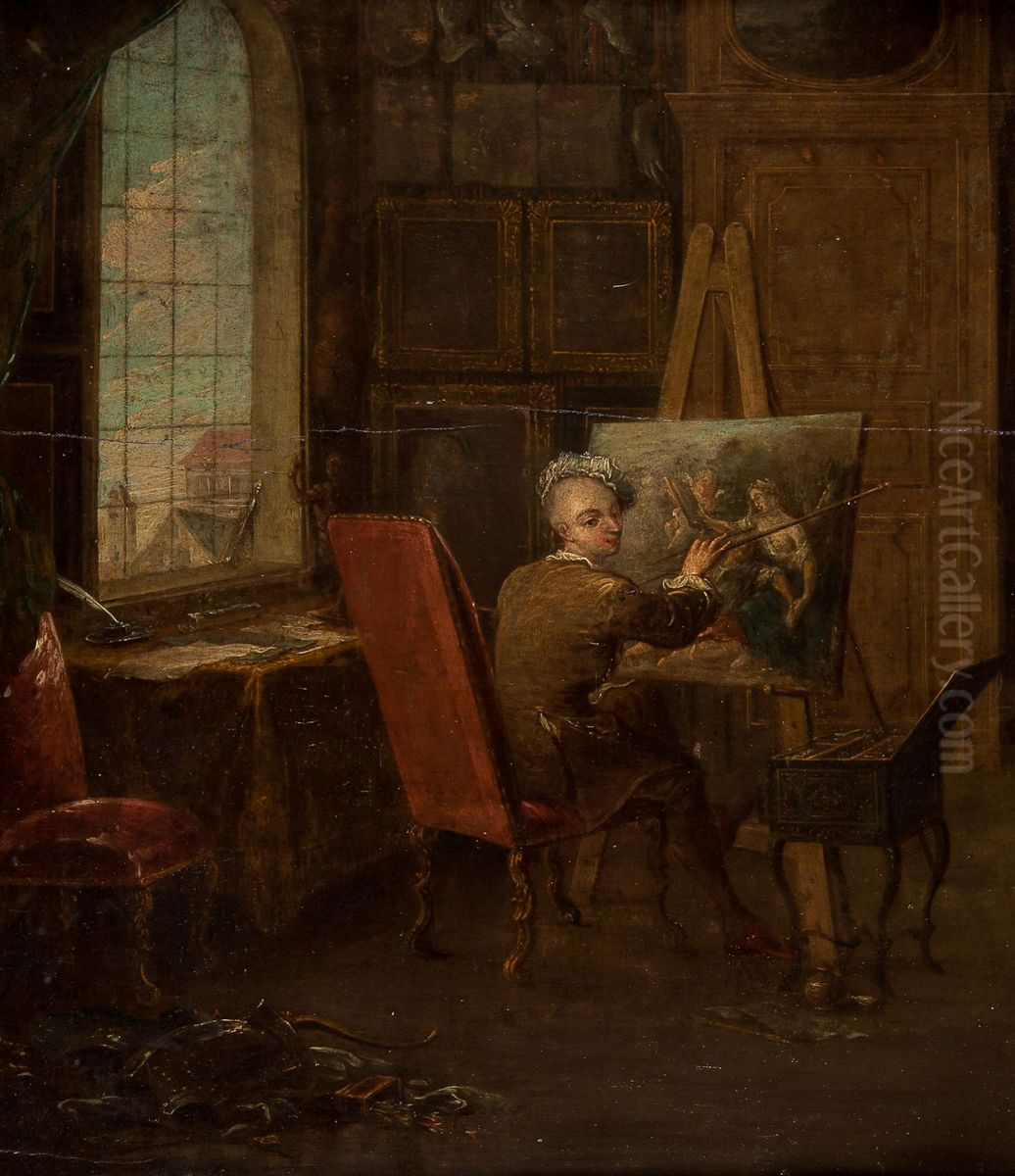 Self-portrait of the artist in his studio, holding a mahl-stick Oil Painting by Francois Eisen